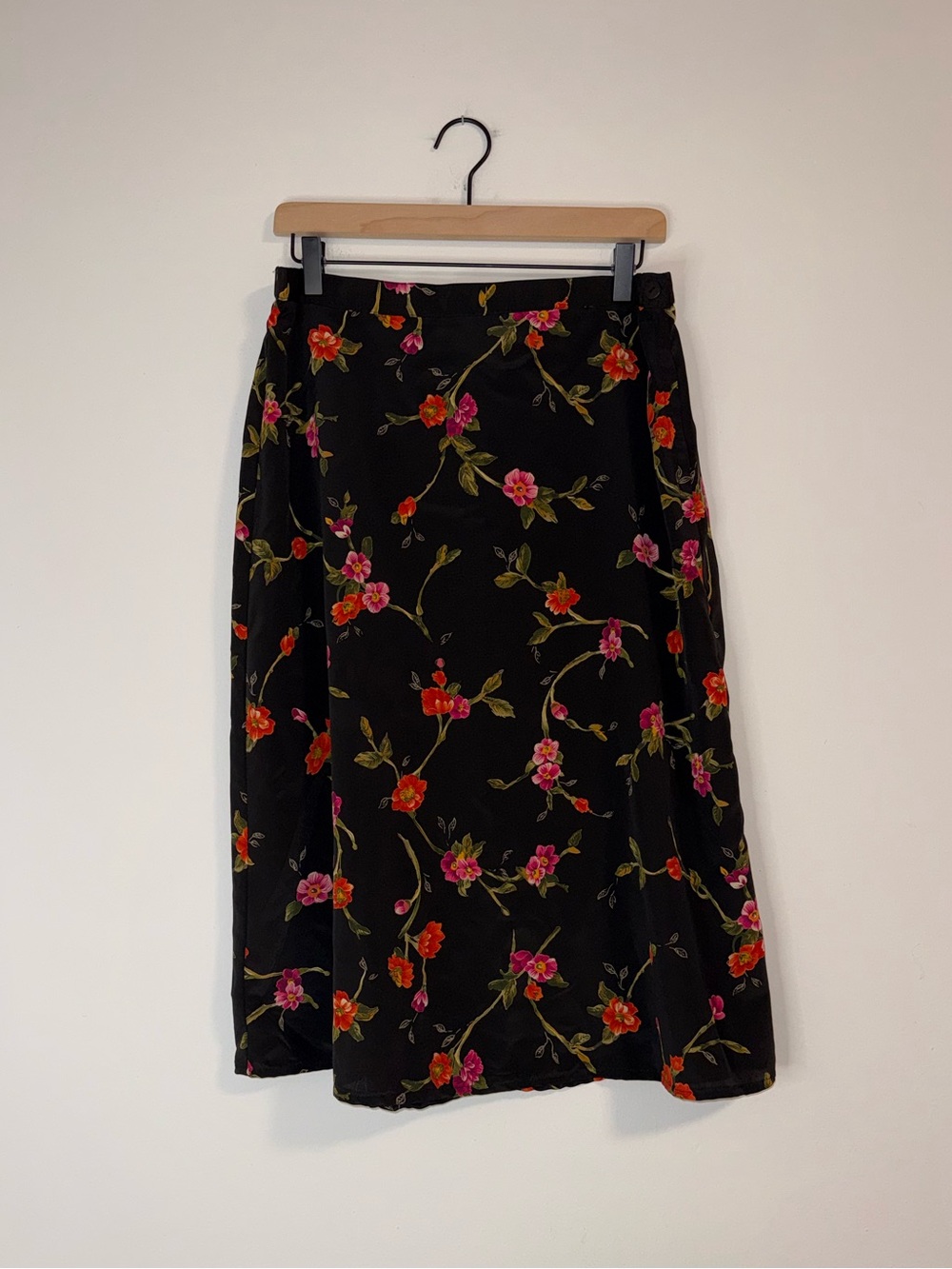 VTG 90s Studio C Black Floral Midi Skirt Blood Orange Hot Pink Sz 14